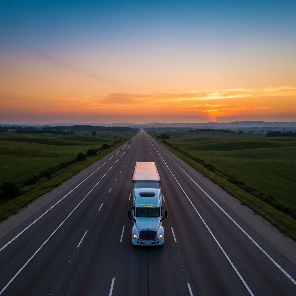 Semi truck driving on an open highway at sunset